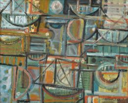 William Black (Contemporary) "Dockyard" Signed, inscribed and dated (19)69, mixed media on board,