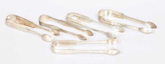 Five Pairs of Scottish Provincial Silver Sugar-Tongs, comprising a Fiddle pattern pair with shell