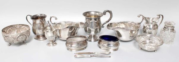 A Collection of Assorted Silver, including a pair of salt-cellars, one with blue glass liner; two