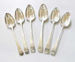 Six George III and Later Silver Table-Spoons, Old English pattern, four engraved with an initial,