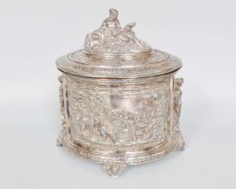 A Silver Plate Biscuit-Box, in the manner of Elkington, 20th Century, oval and on four winged