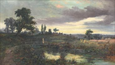 British School (19th/20th Century) A figure on the village bridge at dusk Indistinctly signed, oil