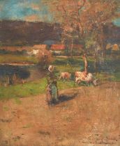 * Shaw (19th/20th Century) Figure and cattle in a landscape with buildings beyond Signed, oil on