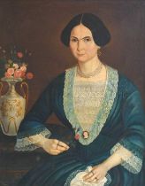 *Cambien (Mid 19th Century) Portrait of an elegant lady, three-quarter length seated, wearing a fine