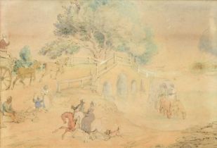 Follower of Thomas Rowlandson (1756-1827) Village scene with stagecoach crossing a bridge, and other