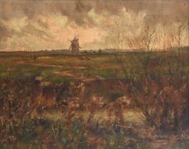 British School (20th Century) Shepherd and his flock moving towards a windmill Oil on canvas, 38.5cm