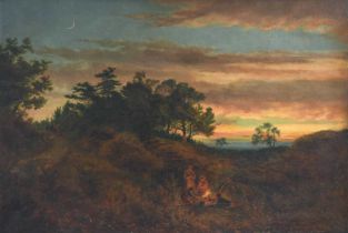 Follower of Henry John Boddington (1811-1865) Figures around a campfire at dusk Indistinctly signed,