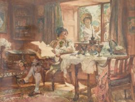Edgar Bundy (1862-1922) "Twitting the Bachelor" Signed and dated 1906, watercolour, 49cm by 65.5cm
