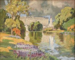 British School (Mid 20th Century) "Buckingham Palace from St James' Park" Indistinctly signed, oil