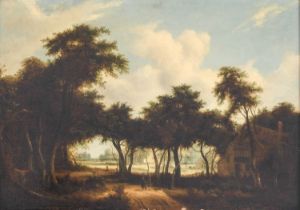 Manner of Meindert Hobbema (1638-1709) Figure group in conversation in a wooded landscape Oil on