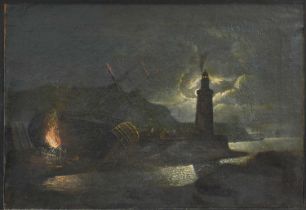 Follower of Henry Pether (1800-1880) "Ship careened for caulking by moonlight" Oil on canvas, 53cm