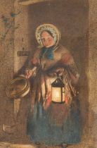 E T Haynes (19th/20th Century) Figure at a cottage door holding a lantern Signed, watercolour,