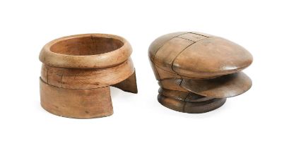 Wooden Millinery Hat Blocks comprising a five piece hat block for an RAF peaked hat, impressed '