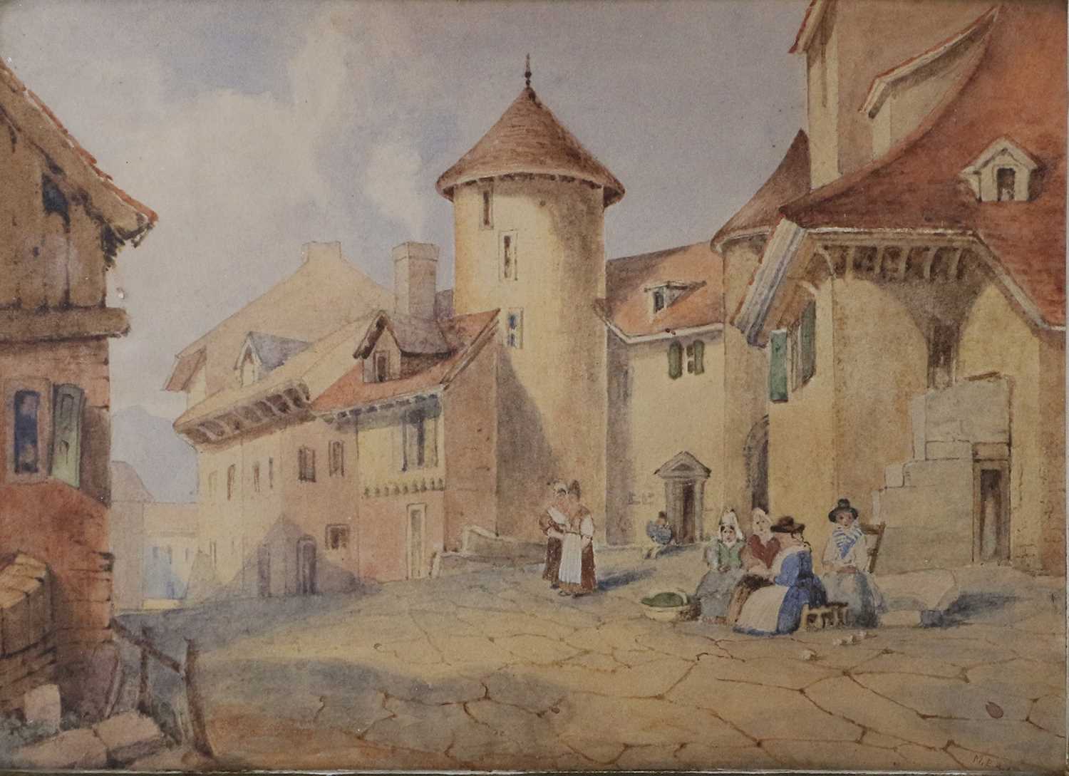 M*E*A*Otway (18th/19th century) French town scene with figures Frame titled & named, watercolour, - Image 2 of 3