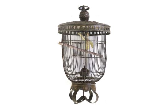 A Dutch Brass Bird Cage, dated 1734, with loop handle and pine cone finial over a foliate moulded