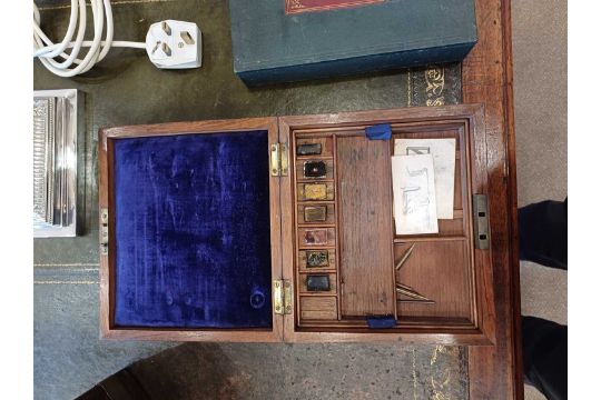 A Victorian Brass-Bound Burr Walnut Writing Slope, the hinged cover inset with a vacant brass - Image 7 of 14