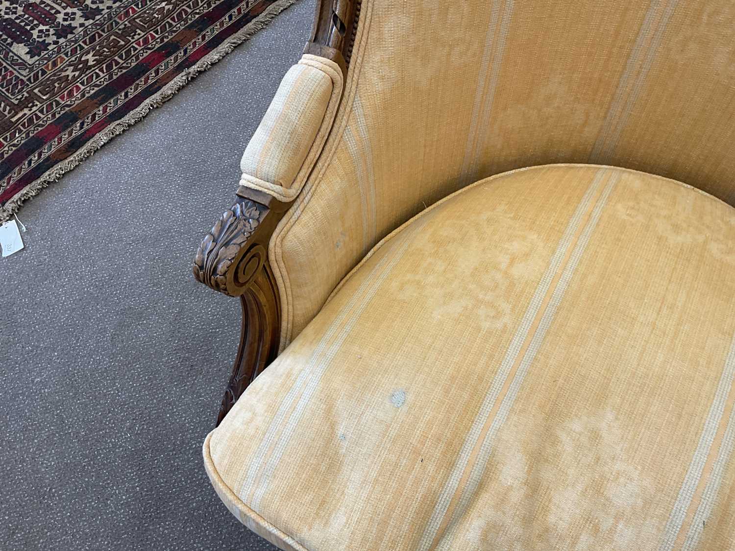 A Pair of Early 20th Century Carved Walnut or Beech Framed Tub Armchairs, recovered in orange floral - Image 5 of 10