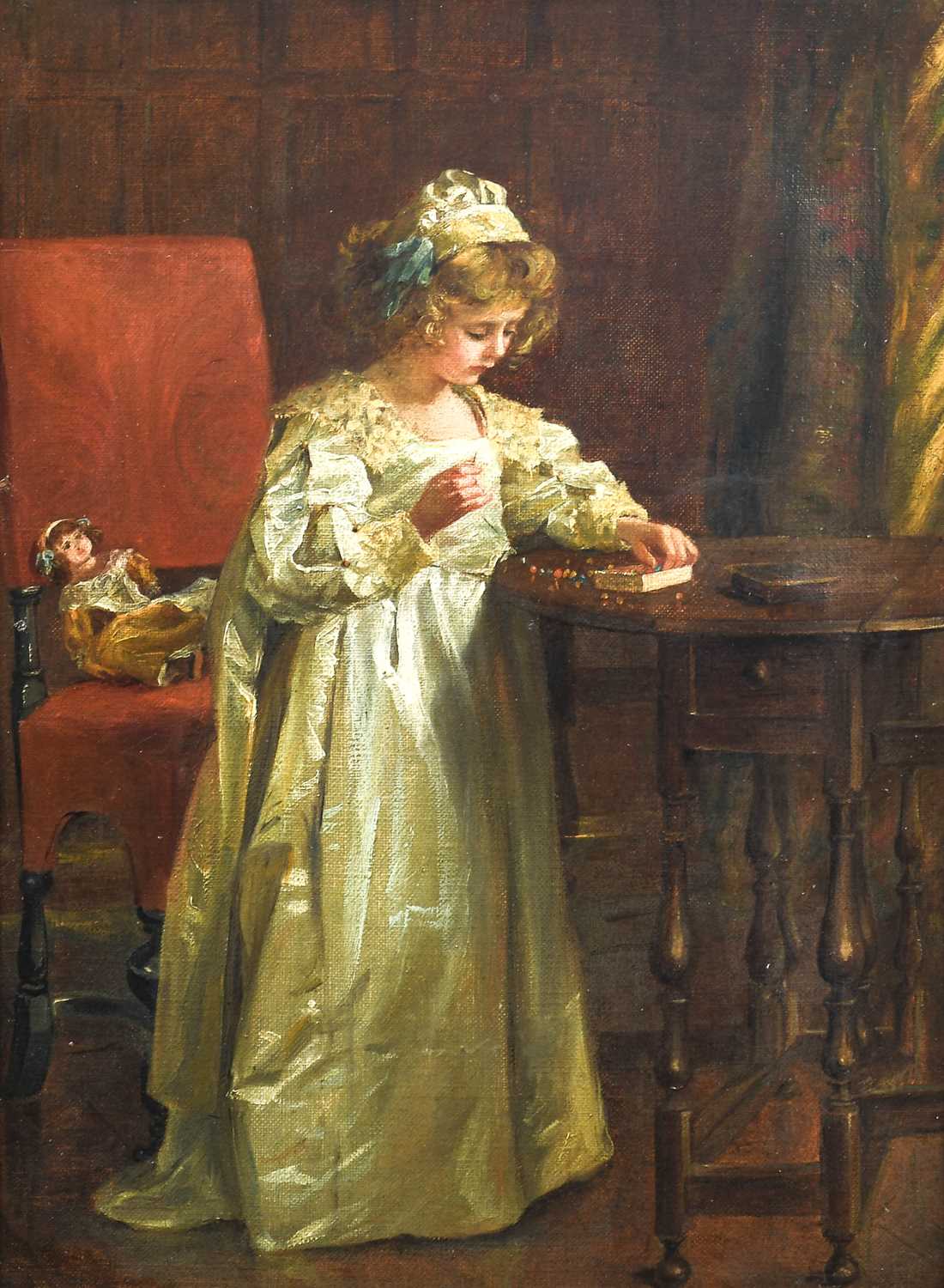 British School (Later 19th Century) Stringing a necklace - young lady standing in an interior