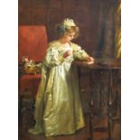 British School (Later 19th Century) Stringing a necklace - young lady standing in an interior