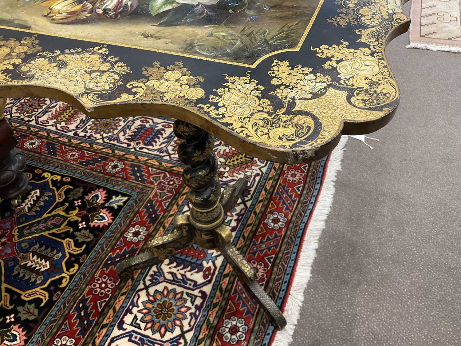 A Victorian Ebonised, Parcel-Gilt and Floral-Painted Tripod Table, 2nd half 19th century, the - Bild 7 aus 11