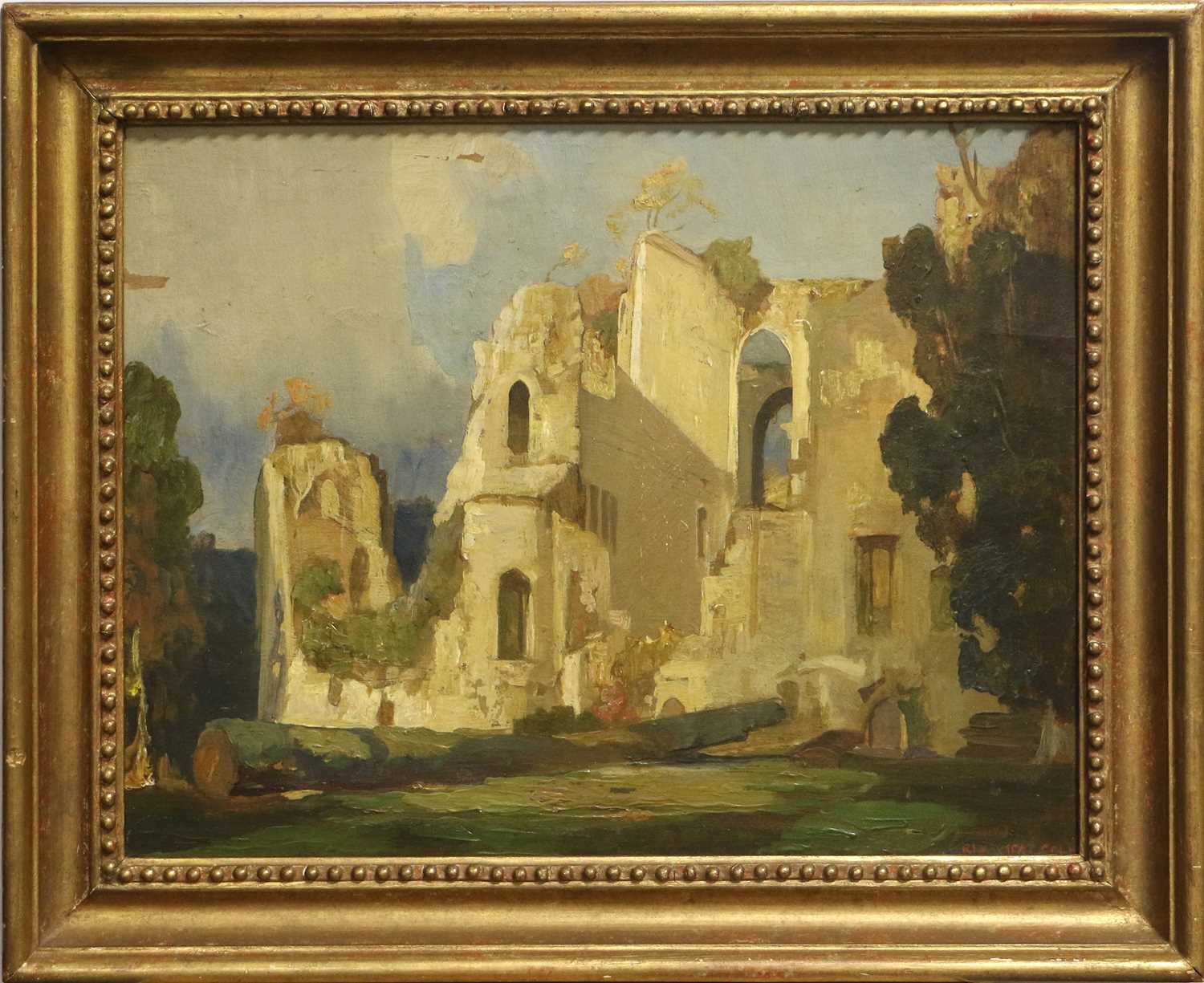 Attributed to Rex Vicat Cole (1870-1940) "Old Wardour Castle, Wiltshire" Signed, oil on board, - Bild 2 aus 3