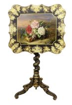 A Victorian Ebonised, Parcel-Gilt and Floral-Painted Tripod Table, 2nd half 19th century, the