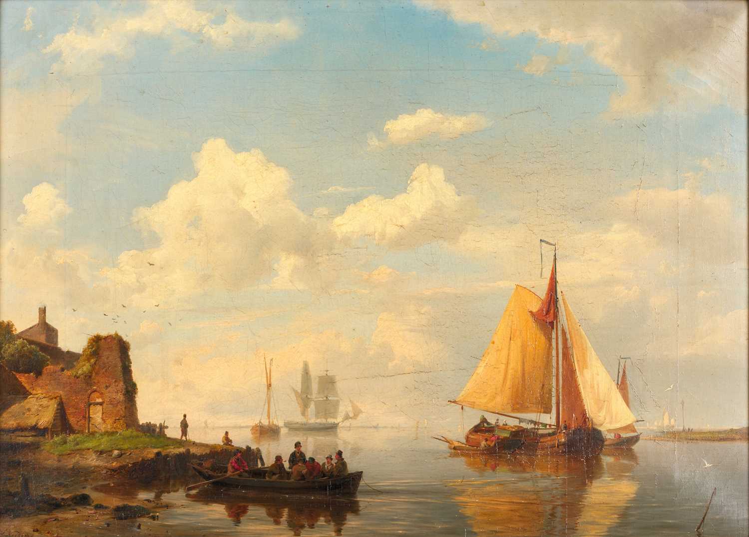 Hermanus Koekoek Snr. (1815-1882) Dutch Sailing and fishing boats in an estuary Signed, oil on