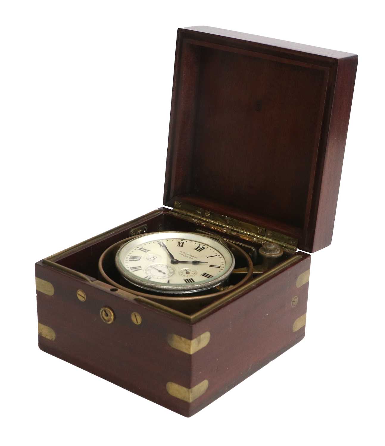 A Mahogany Eight Day Deck Watch, signed Waltham Watch Co, circa 1913, mahogany case with brass bound - Image 5 of 7