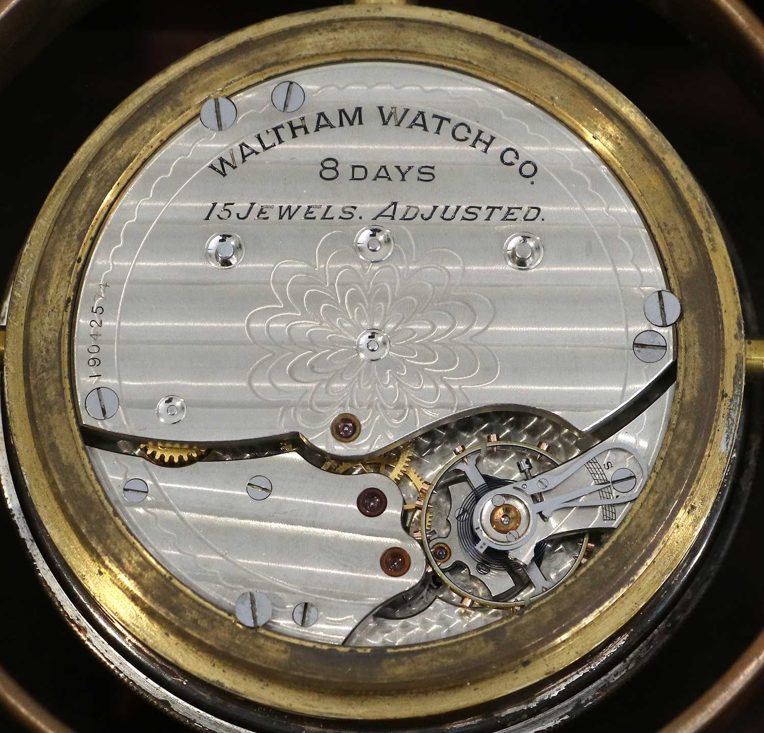 A Mahogany Eight Day Deck Watch, signed Waltham Watch Co, circa 1913, mahogany case with brass bound - Image 4 of 7