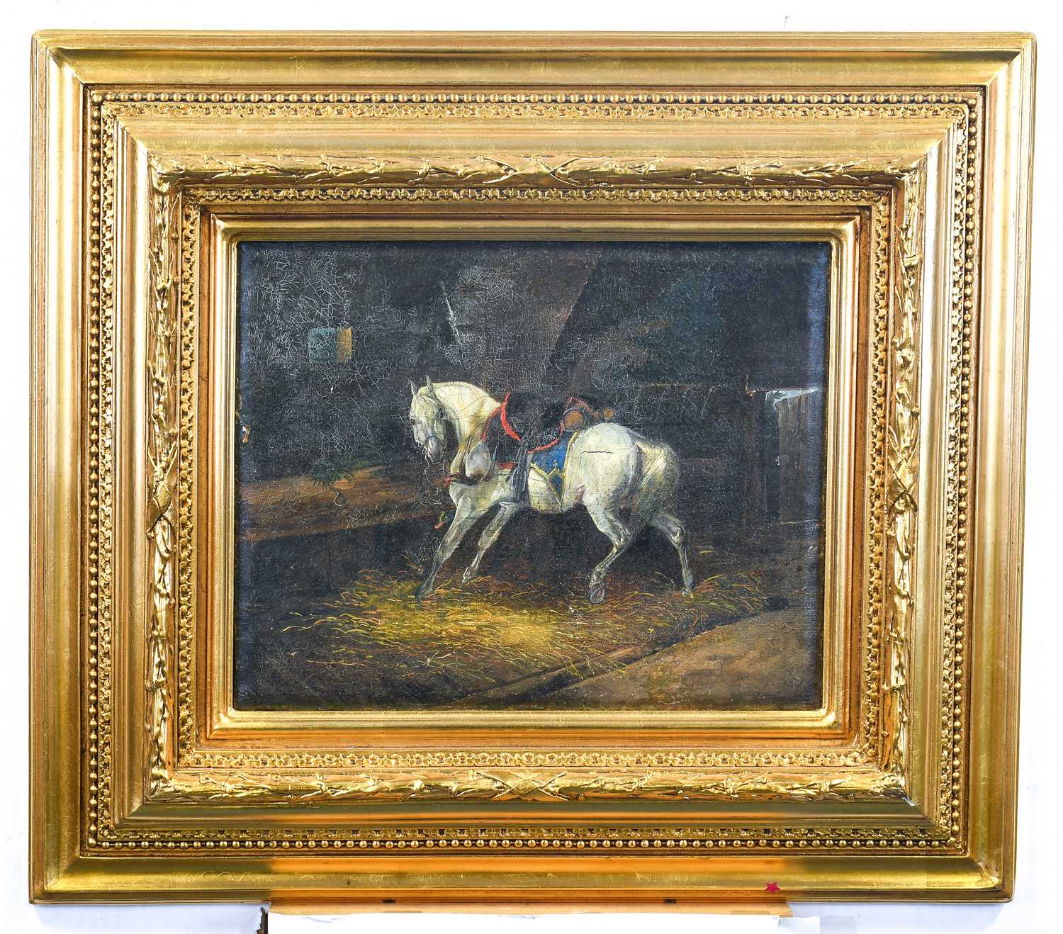 Continental School (19th Century) A saddled grey horse in a stable Indistinctly signed and dated, - Image 2 of 3