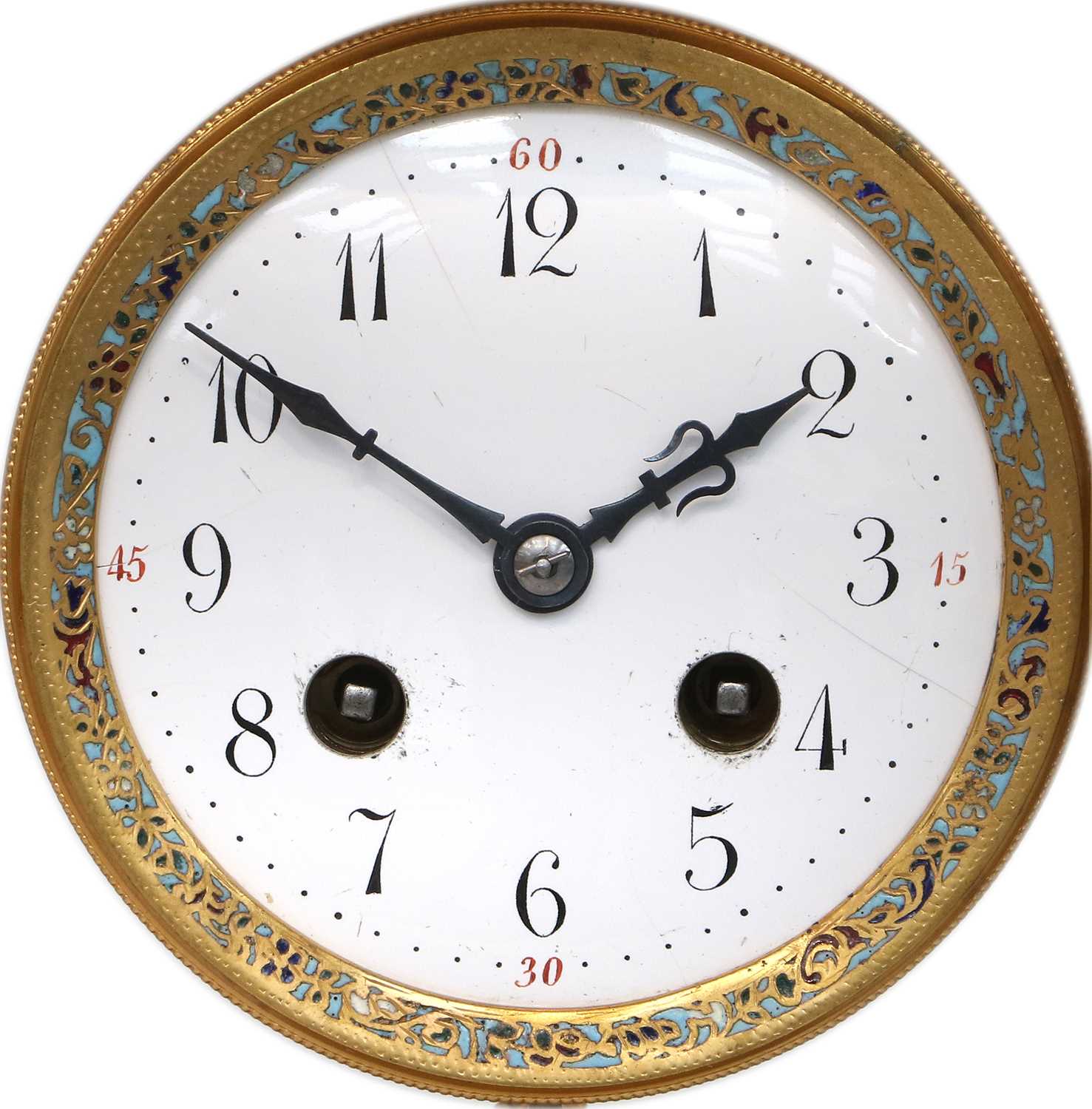 A French Oval Shaped Brass and Champleve Enamel Striking Mantel Clock, circa 1900, oval shaped - Image 3 of 6