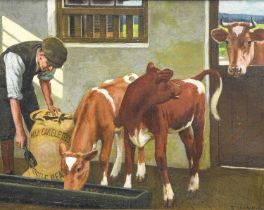 William Gunning King (1859-1940) Feeding the calves Signed, oil on canvas, 37.5cm by 47.5cm All keys