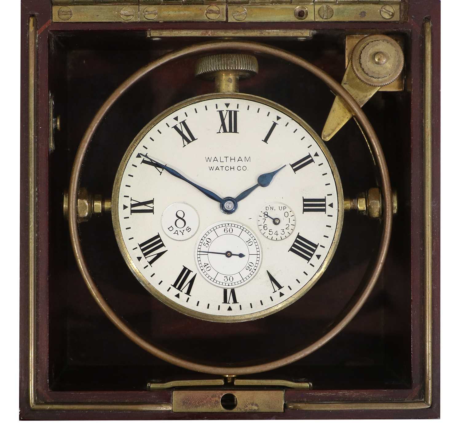 A Mahogany Eight Day Deck Watch, signed Waltham Watch Co, circa 1913, mahogany case with brass bound - Image 7 of 7