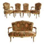 A Victorian Gilt and Gesso Five-Piece Salon Suite, late 19th century, recovered in modern