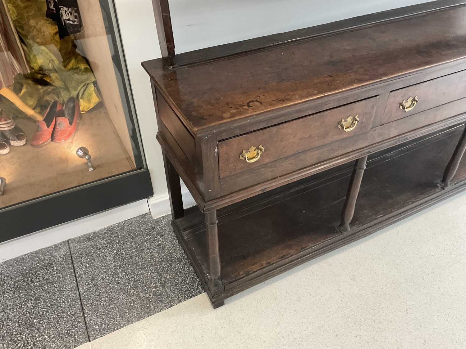 A George III Oak Dresser and Rack, 3rd quarter 18th century, the moulded cornice above iron cup - Image 5 of 15