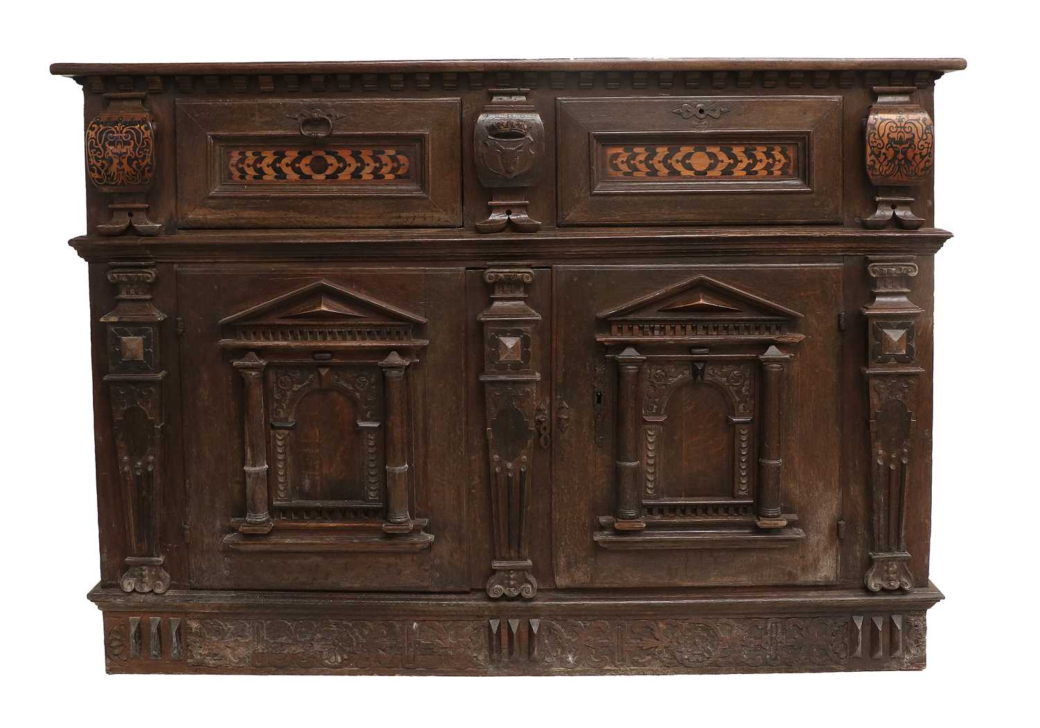 A 17th Century-Style Oak and Marquetry-Decorated Sideboard, the dentil cornice above moulded fall