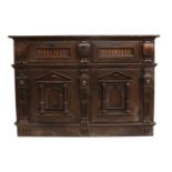 A 17th Century-Style Oak and Marquetry-Decorated Sideboard, the dentil cornice above moulded fall