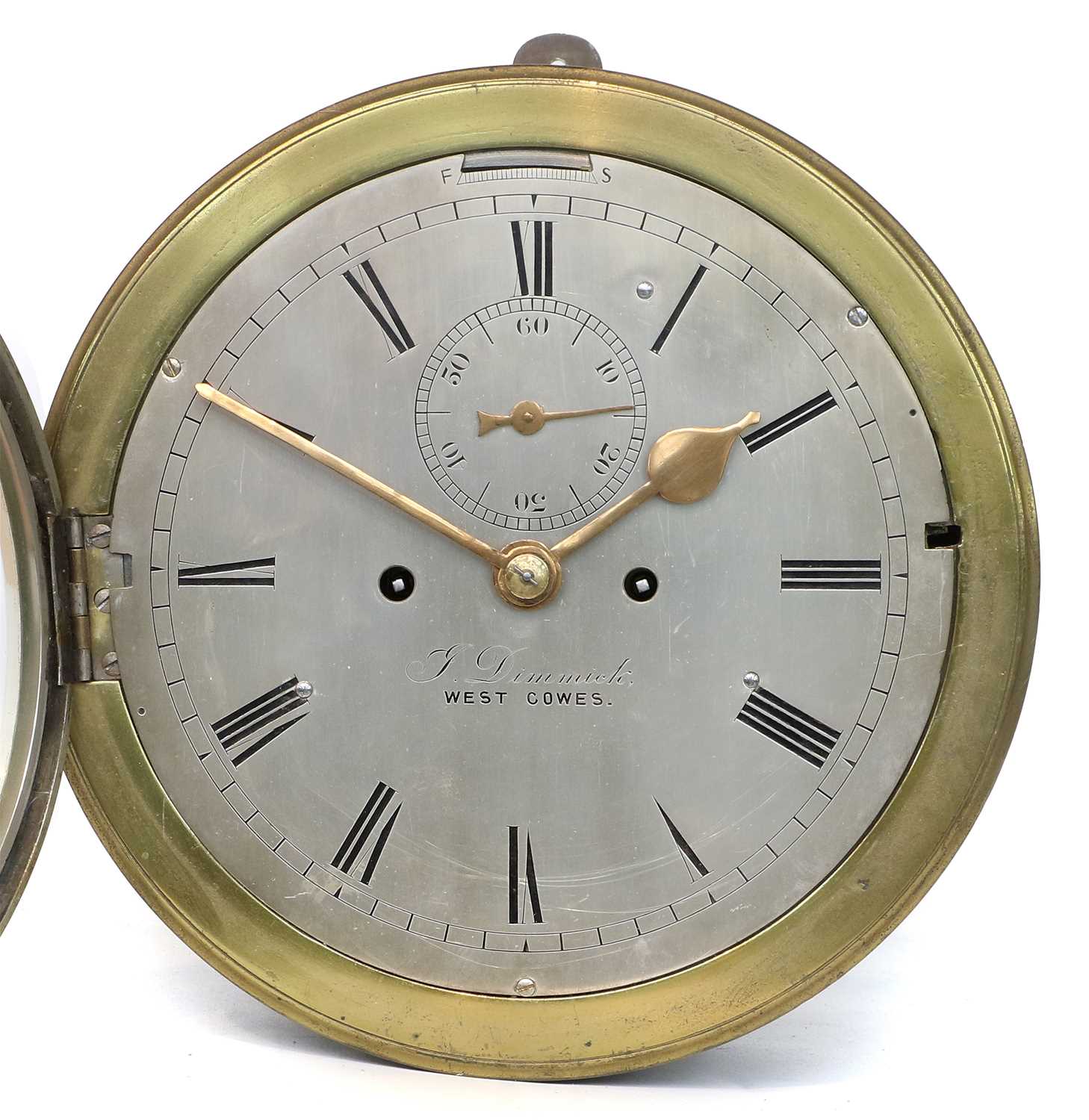 A Ships Type BulkHead Striking Wall Clock, signed J Dimmick, West Cowes, circa 1890, brass cast - Image 2 of 16