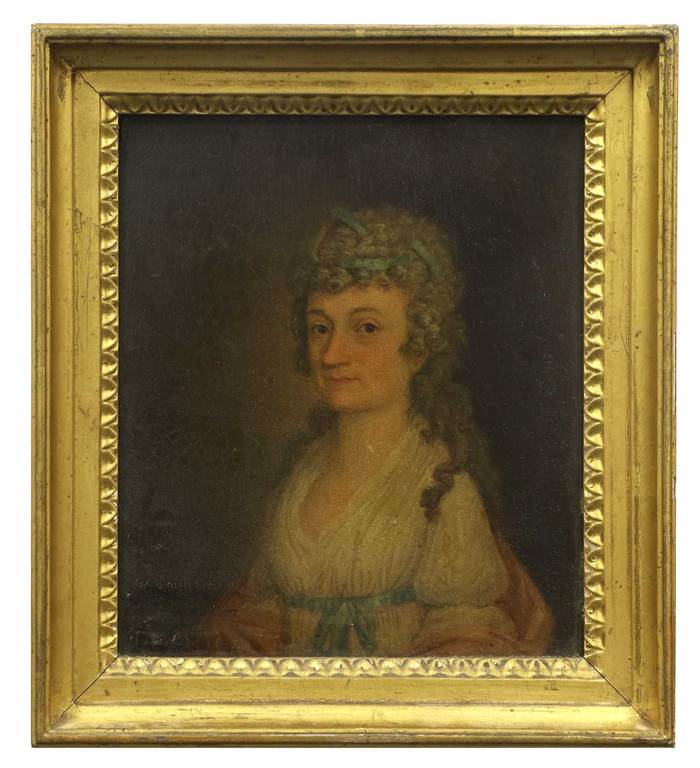British School (Early 19th Century) Portrait of a lady, half-length seated, wearing blue ribbons - Bild 2 aus 3