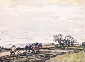 Fred Lawson (1888-1968) Ploughing the Fields Signed and dated 1917, mixed media, 25cm by 35.5cm