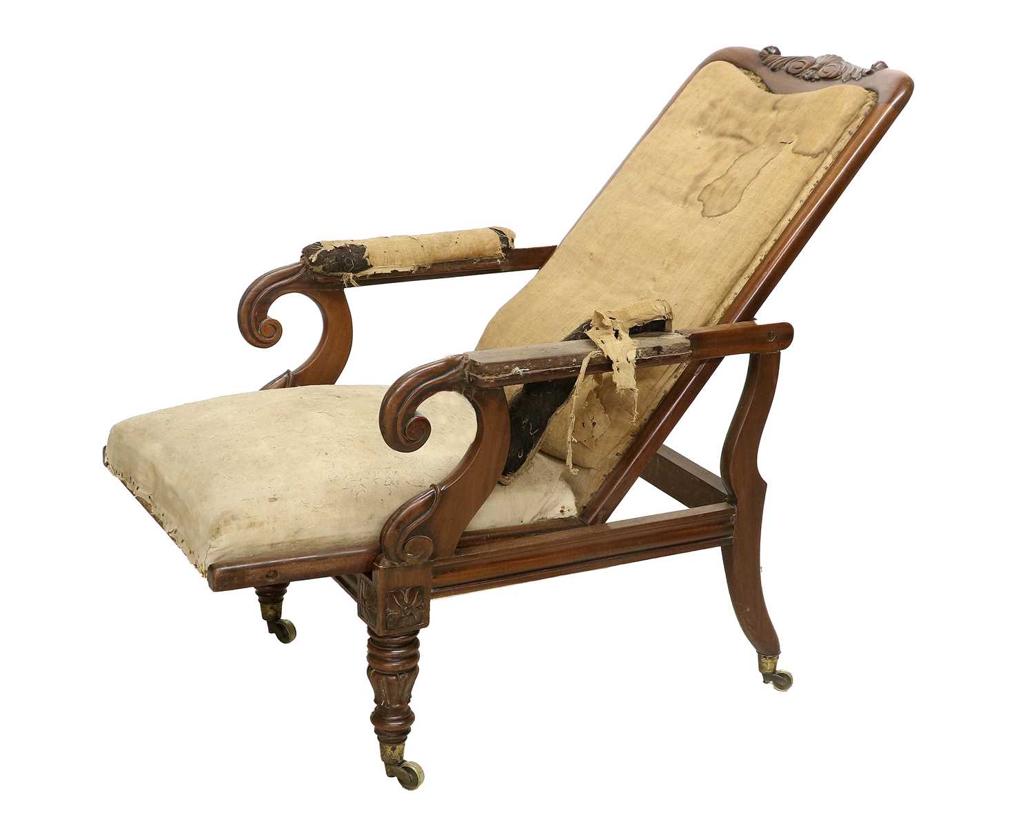 A William IV Carved Mahogany Reclining Library Armchair, 2nd quarter 19th century, part-covered in