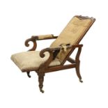 A William IV Carved Mahogany Reclining Library Armchair, 2nd quarter 19th century, part-covered in