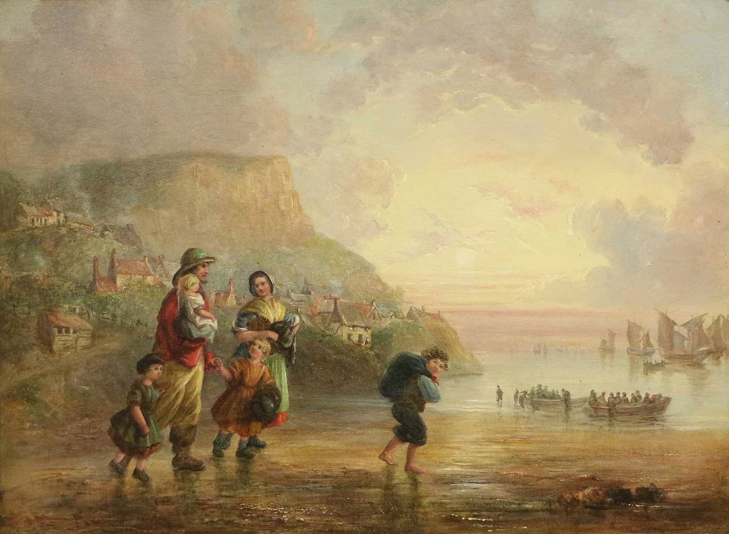Sarah Ellen Weatherill (1836-1920) Fishing family on the sands at Runswick Bay, with beached boats