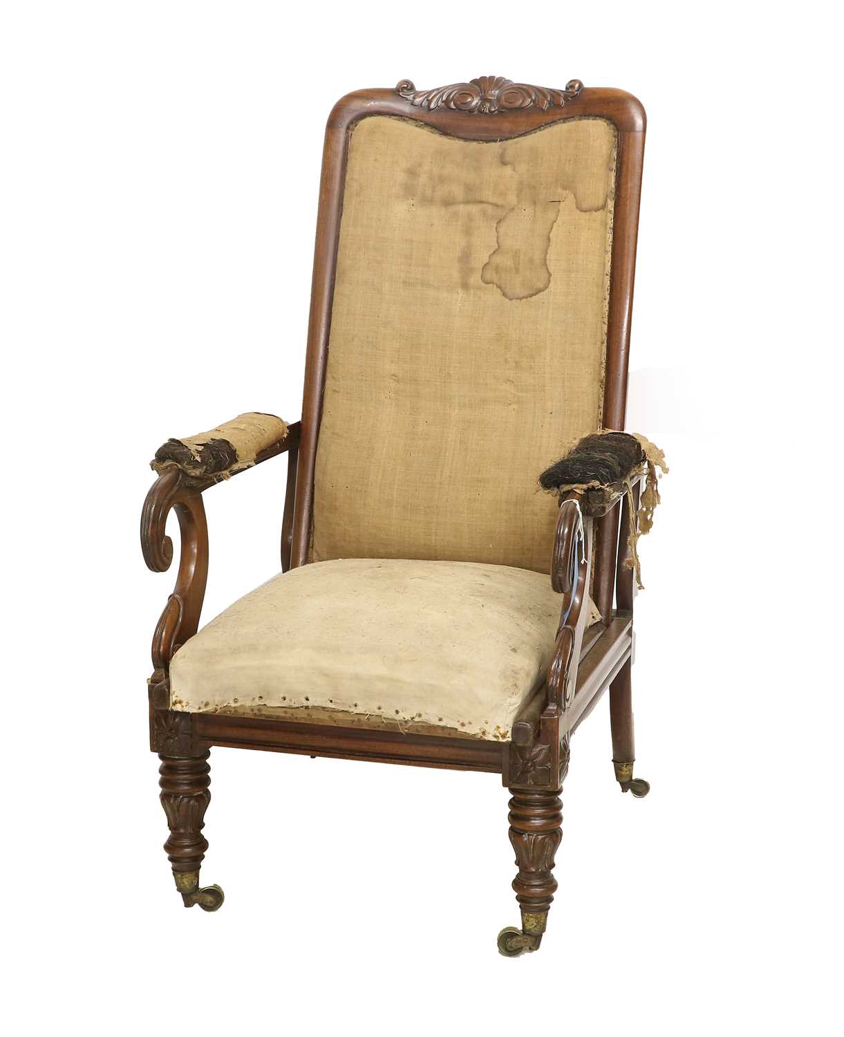 A William IV Carved Mahogany Reclining Library Armchair, 2nd quarter 19th century, part-covered in - Image 2 of 3