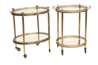 A Mid-20th Century Two-Tier Brass and Glass Oval Tea Trolley, with pierced border, scrolled