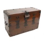 A Japanese Elm and Metal-Bound Chest, early 20th century, the fall front with solid lockplate and