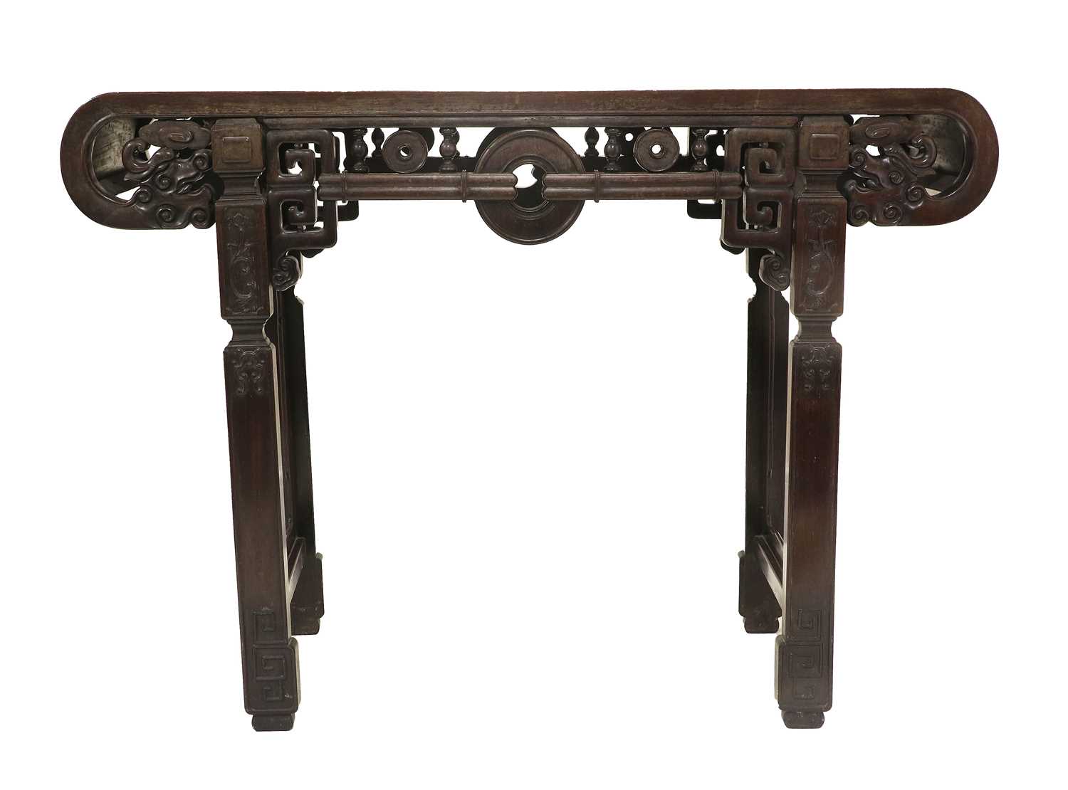 A Late 19th Century Chinese Hardwood Altar Table, of scrolled rectangular form, the moulded top