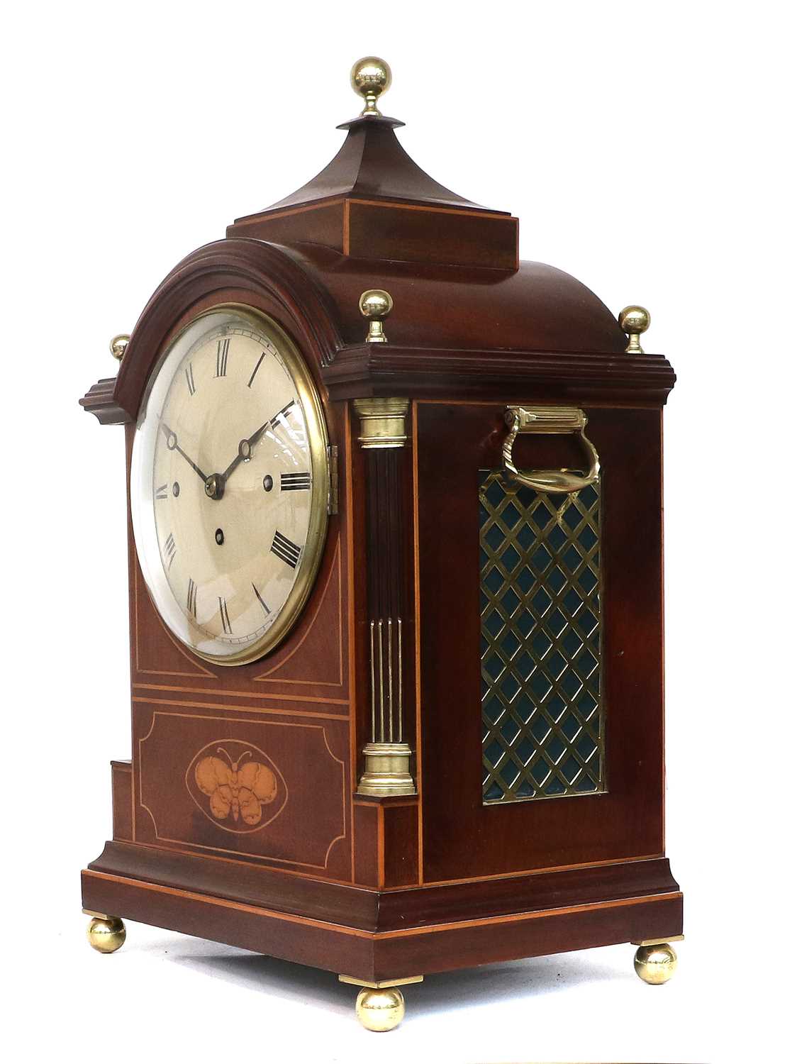 A Mahogany Chiming Table Clock, circa 1900, arched pediment with brass ball finials, stop brass - Bild 5 aus 5