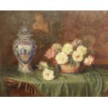 Anton Wrabetz (1876-1946) Still life of an Oriental jar and cover, and a bowl of mixed Roses on a
