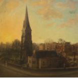 Rosa Branson (b.1933) St Matthew's Church, Camden Signed and dated 1956, oil on board, 59cm by 59cm